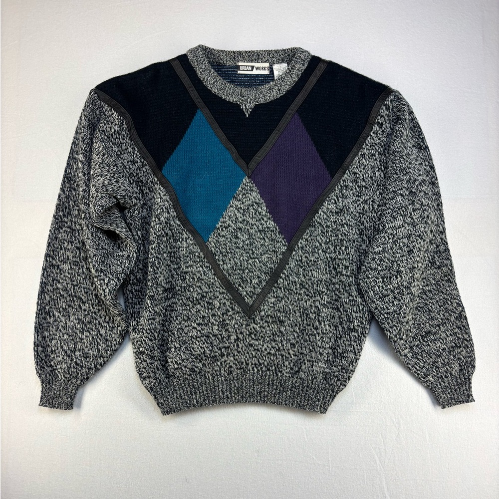 Vintage URBAN WORKS Men's Gray and Black Sweater w/ Leather Trim